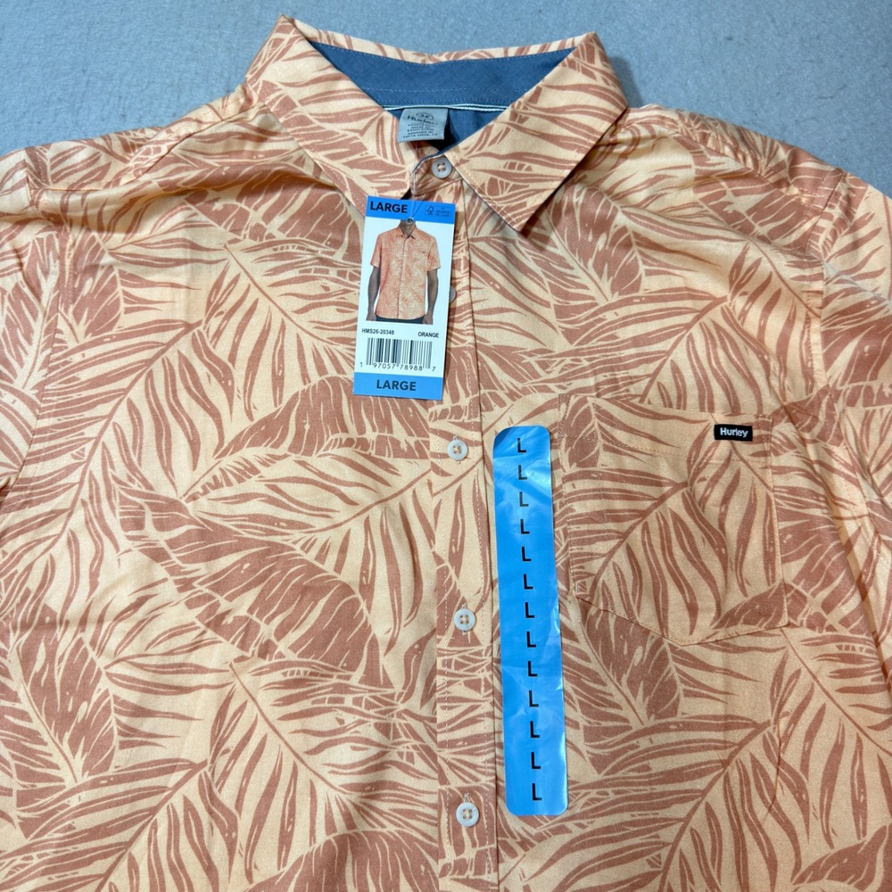 Hurley Button Down Shirt Mens Large Orange Tropical Palm Leaf Print HMS26-20348